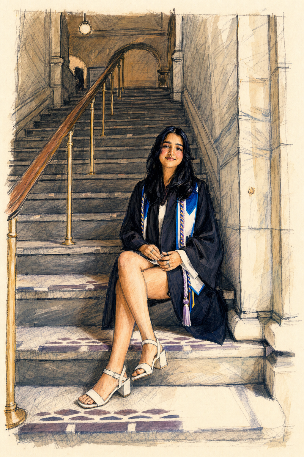 Hand-drawn illustration of Shaneeza seated on a marble staircase in her graduation stole
